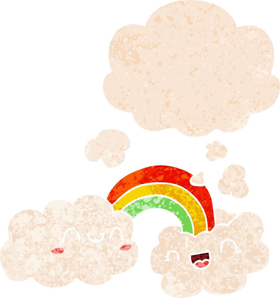 nuages de dessin animé heureux et arc-en-ciel et bulle de pensée dans un style texturé rétro vecteur