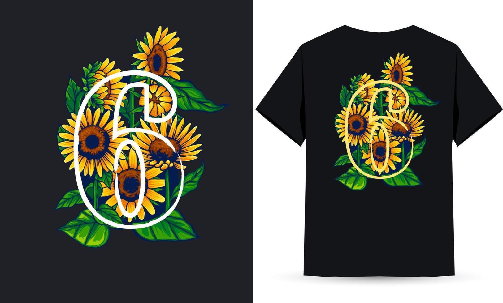 illustration de tournesol et d'été numéro 6 adaptée à la sérigraphie de chemise vecteur