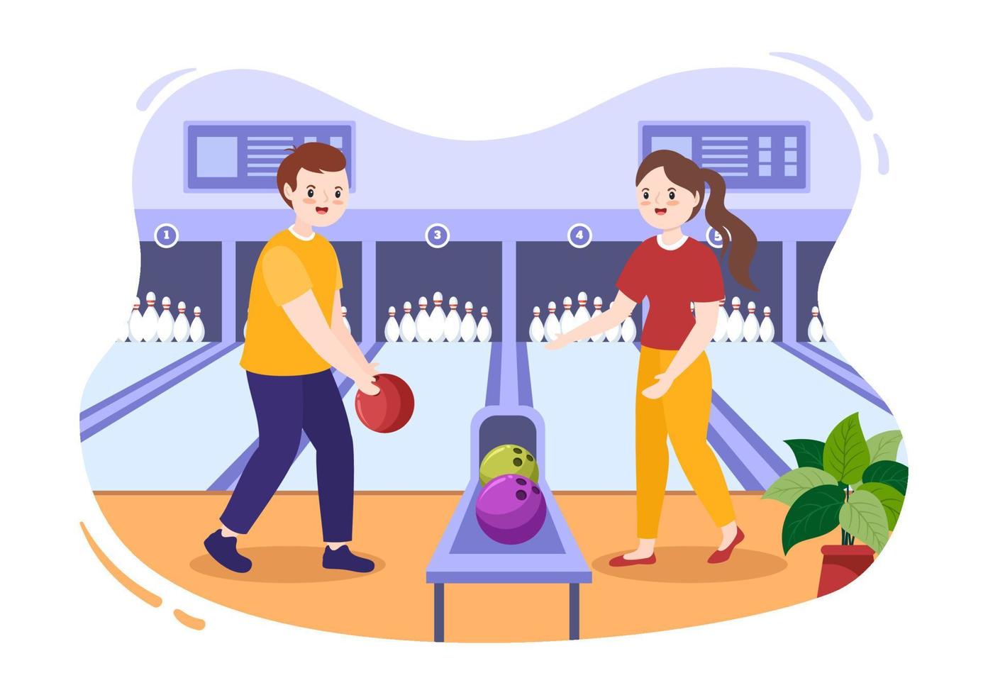 les gens jouent au bowling illustration de conception plate de dessin animé dessiné à la main avec des épingles, des balles et des tableaux de bord dans un club de sport ou une compétition d'activités vecteur