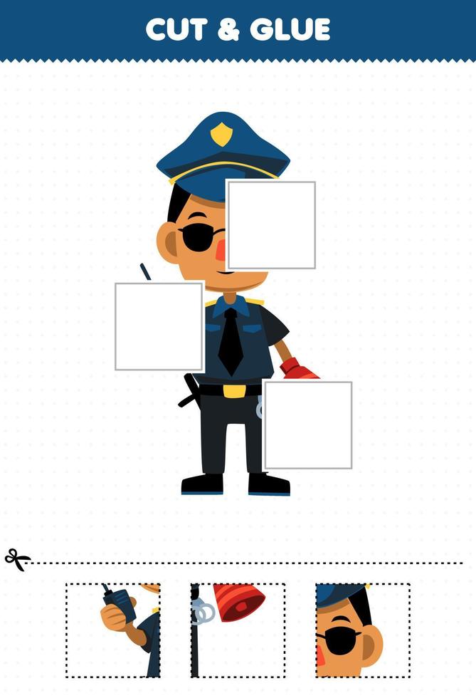 jeu éducatif pour les enfants coupez et collez des parties de la profession de police de dessin animé mignon et collez-les feuille de travail imprimable vecteur