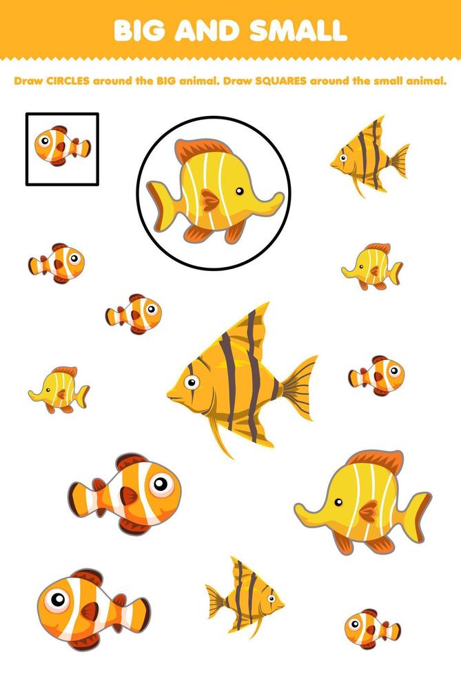 jeu éducatif pour les enfants organiser par taille grande ou petite en dessinant un cercle et un carré de dessin animé mignon poisson animal sous-marin jaune feuille de travail imprimable vecteur