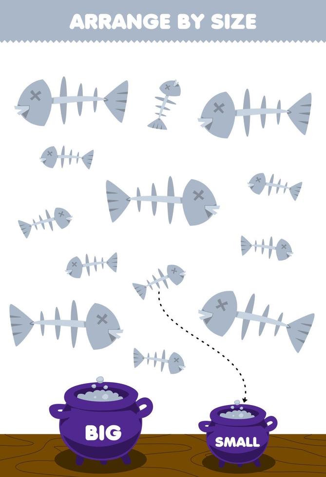 jeu éducatif pour les enfants organiser par taille grande ou petite mettez-le dans le chaudron de dessin animé mignon arête de poisson gris feuille de travail imprimable halloween vecteur