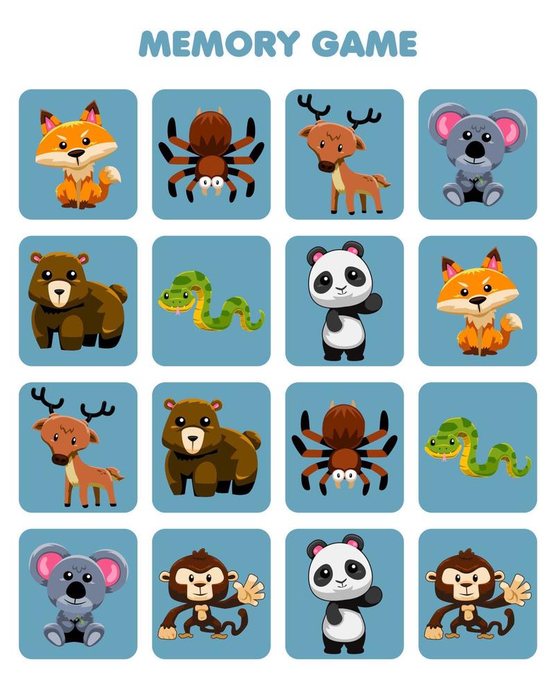 jeu éducatif pour la mémoire des enfants pour trouver des images similaires de feuille de travail imprimable d'un animal de la forêt de dessin animé mignon vecteur