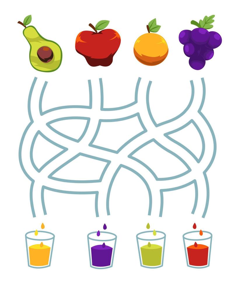 labyrinthe jeu de puzzle pour enfants paire dessin animé mignon fruit avocat pomme raisin orange avec la même couleur de jus feuille de travail imprimable vecteur