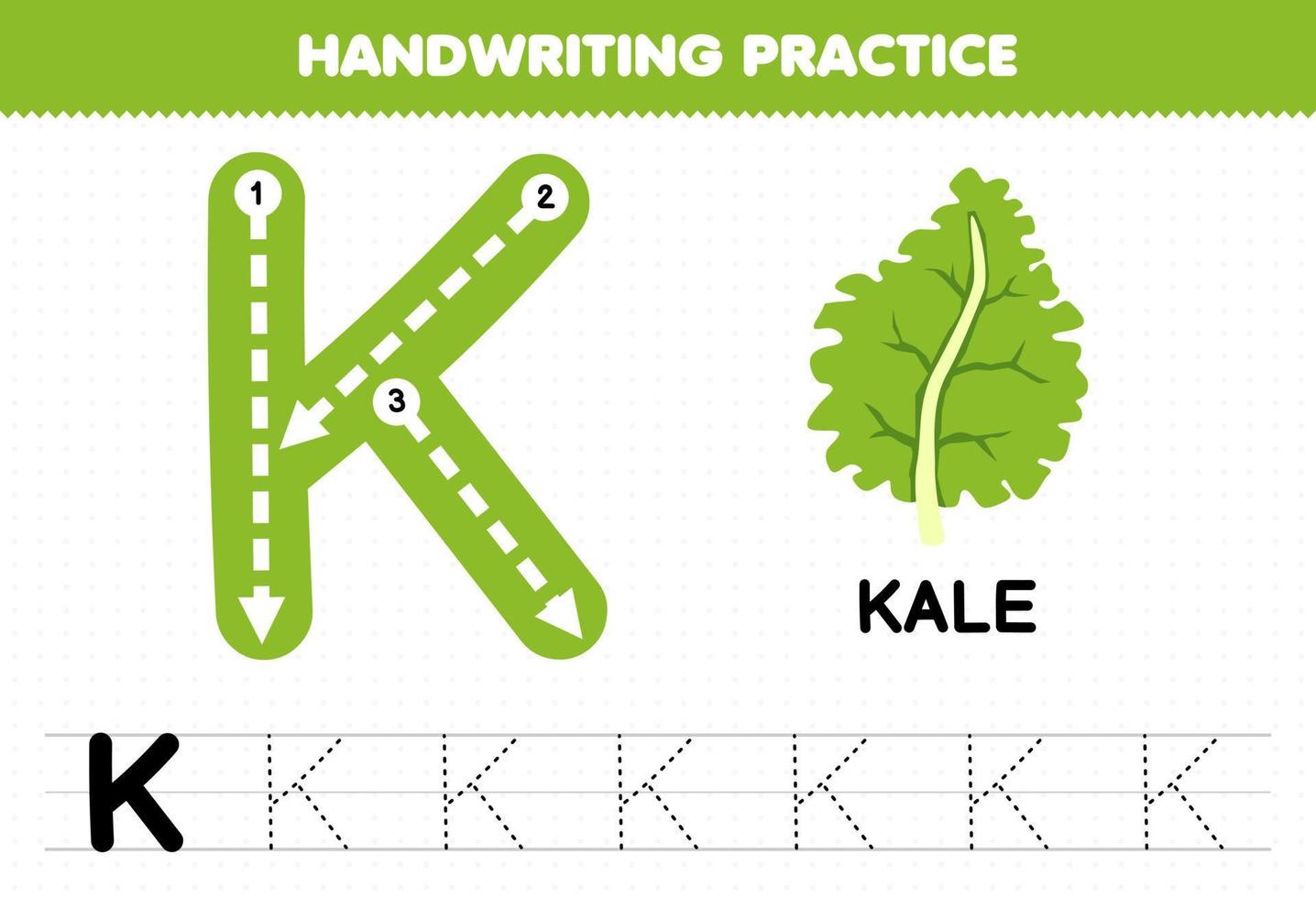 jeu éducatif pour les enfants pratique de l'écriture manuscrite avec des lettres majuscules k pour la feuille de travail imprimable de chou frisé vecteur