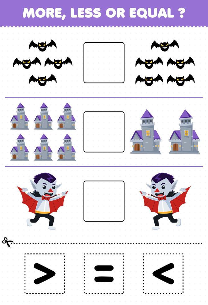 jeu d'éducation pour les enfants plus moins ou égal comptez la quantité de dessin animé mignon château de chauve-souris costume de dracula puis coupez et collez coupez le bon signe feuille de calcul halloween vecteur