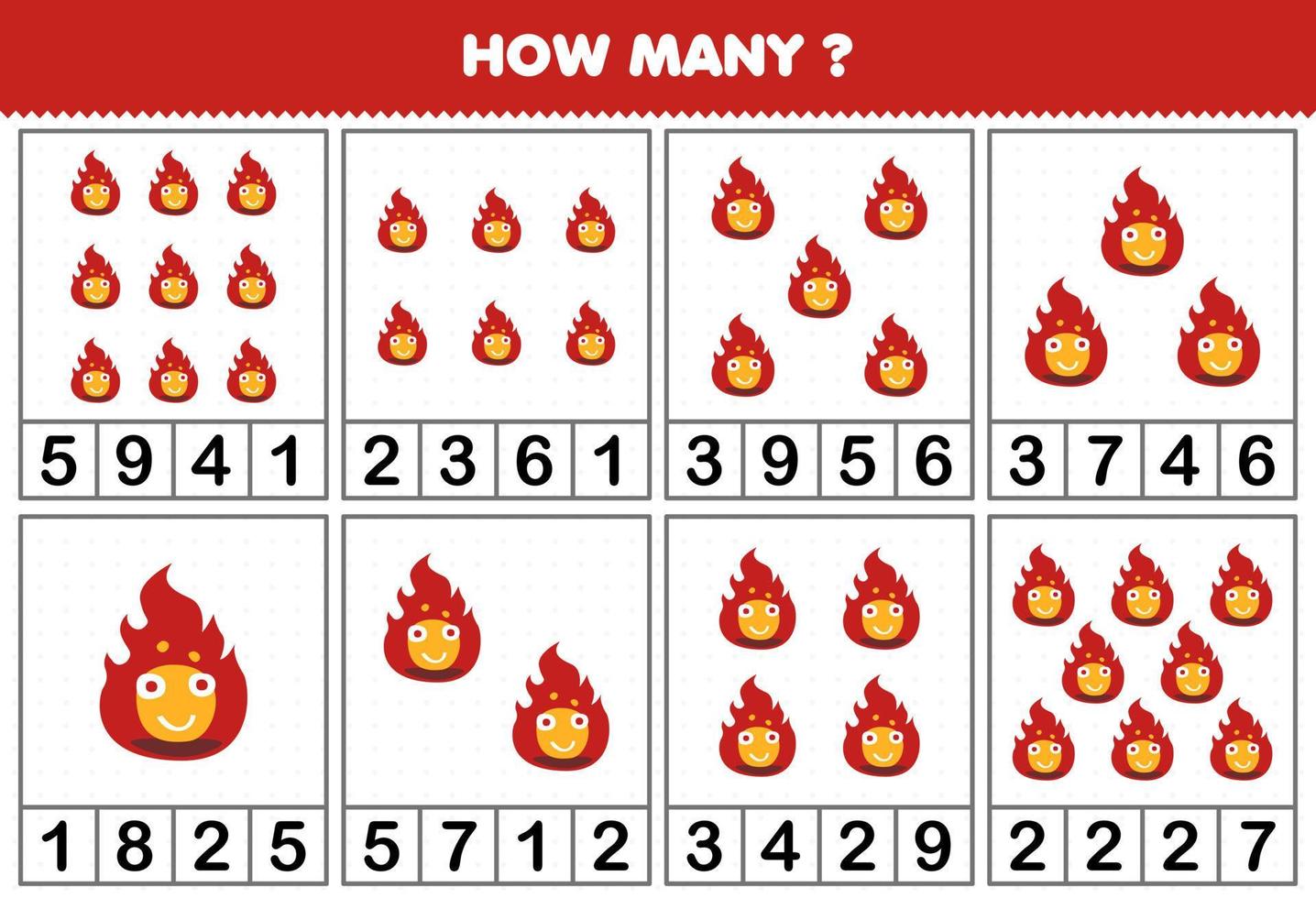 jeu éducatif pour les enfants comptant le nombre d'objets dans chaque table de dessin animé mignon feu rouge feuille de travail imprimable halloween vecteur