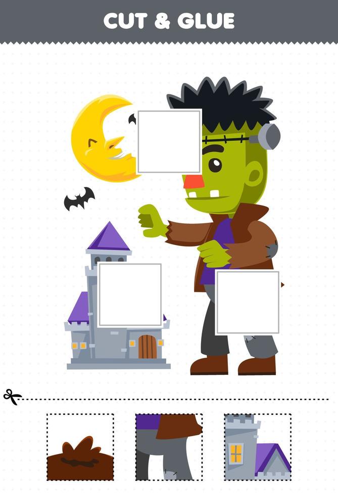 jeu éducatif pour les enfants couper et coller des parties découpées du costume de frankenstein de dessin animé mignon et les coller feuille de travail imprimable halloween vecteur