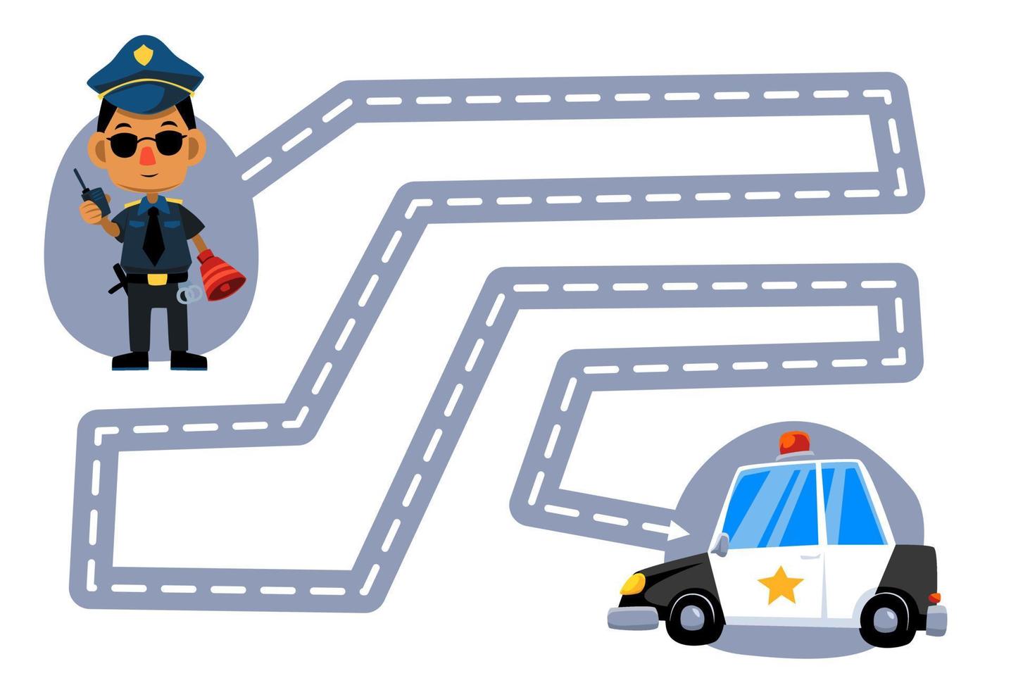 jeu d'éducation pour les enfants pratique de l'écriture tracer les lignes déplacer la profession de police de dessin animé mignon vers la feuille de travail imprimable de voiture de police vecteur