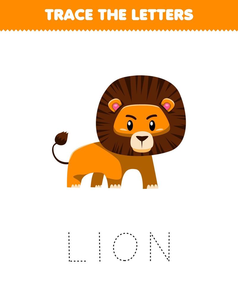 jeu éducatif pour les enfants tracer la lettre de la feuille de travail imprimable de lion animal de dessin animé mignon vecteur