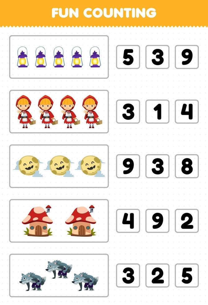 jeu éducatif pour les enfants amusement compter et choisir le nombre correct de dessin animé mignon lanterne lune champignon maison loup-garou chaperon rouge costume halloween feuille de calcul imprimable vecteur