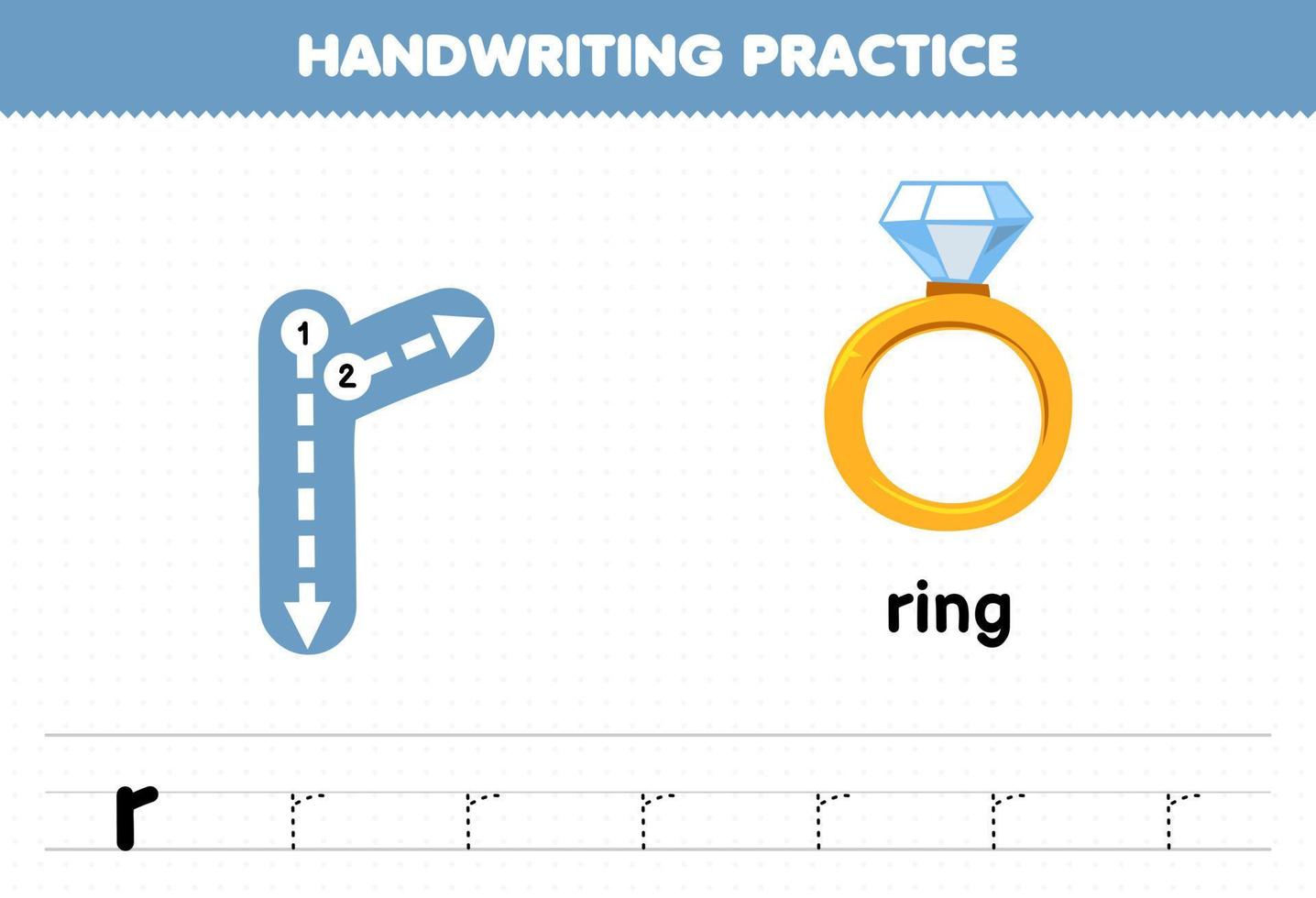 jeu éducatif pour les enfants pratique de l'écriture manuscrite avec des lettres minuscules r pour anneau feuille de travail imprimable vecteur