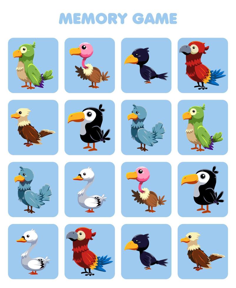 jeu éducatif pour la mémoire des enfants pour trouver des images similaires de feuille de travail imprimable d'animal d'oiseau de dessin animé mignon vecteur