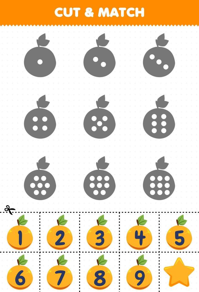 jeu éducatif pour les enfants comptez les points sur chaque silhouette et associez-les à la bonne feuille de travail imprimable de fruits orange numérotés vecteur