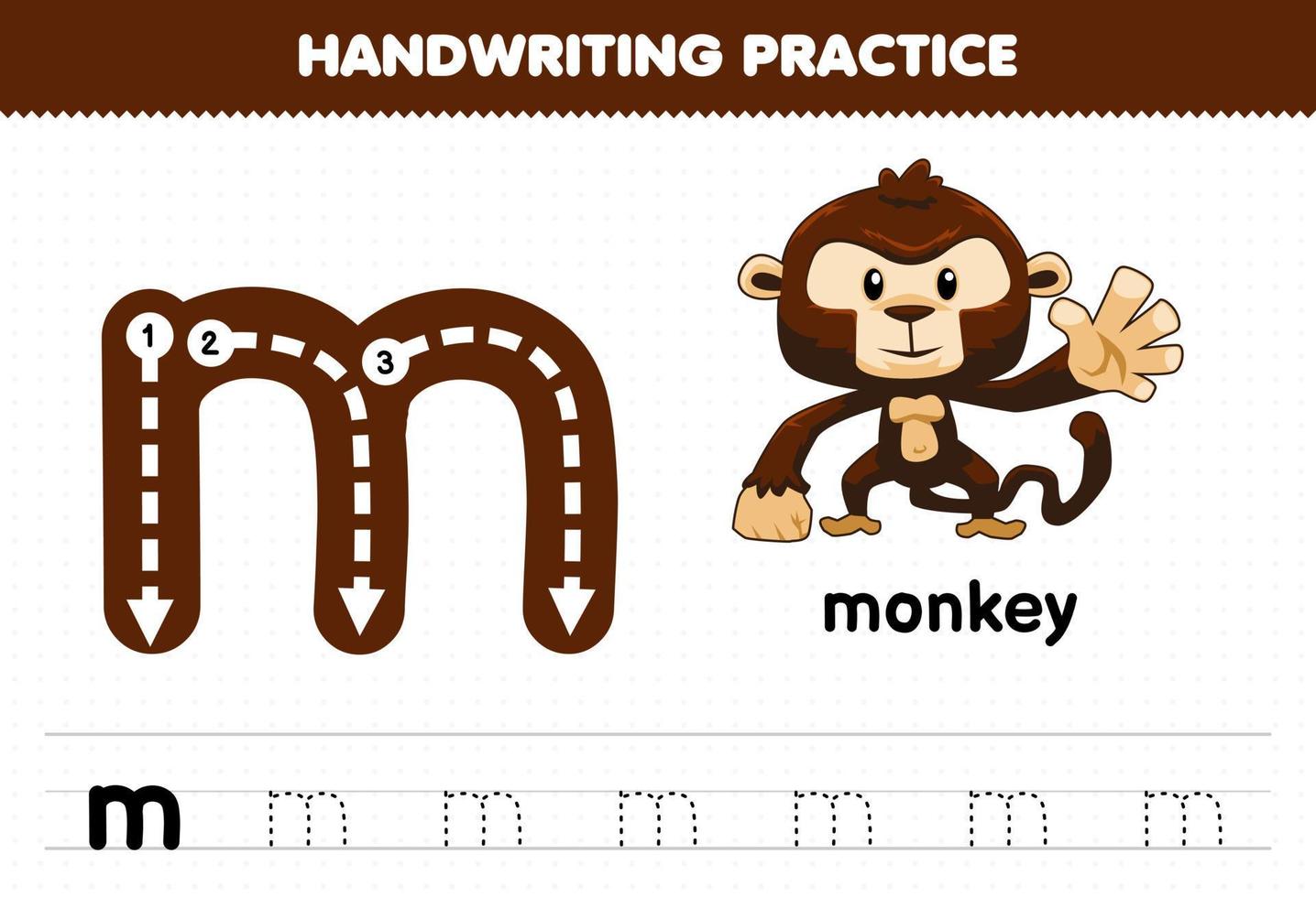 jeu d'éducation pour les enfants pratique de l'écriture manuscrite avec des lettres minuscules m pour feuille de travail imprimable de singe vecteur