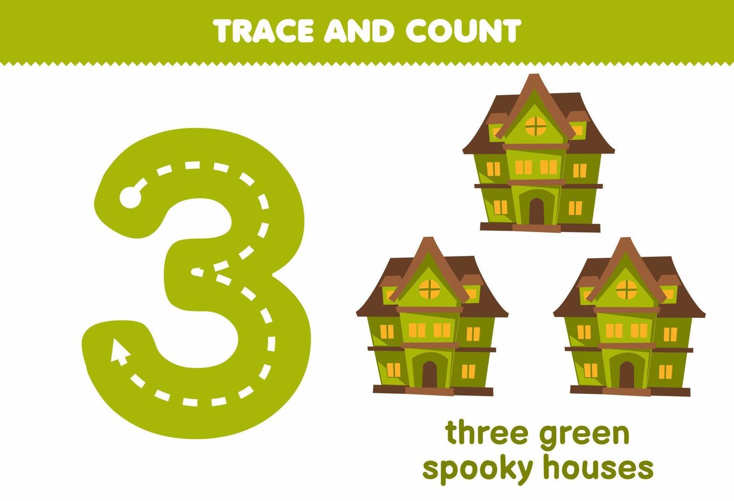 jeu éducatif pour les enfants traçage numéro trois et comptage de dessin animé mignon vert maisons fantasmagoriques feuille de travail imprimable halloween vecteur