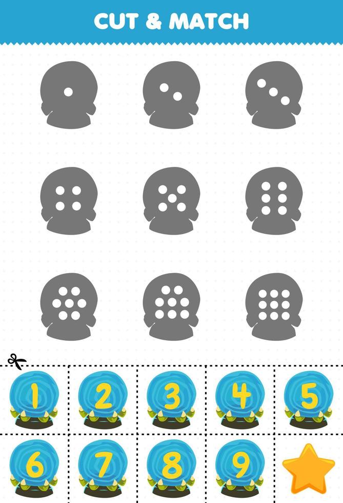 jeu éducatif pour les enfants comptez les points sur chaque silhouette et associez-les à la feuille de travail imprimable halloween de l'orbe magique bleu numérotée correcte vecteur