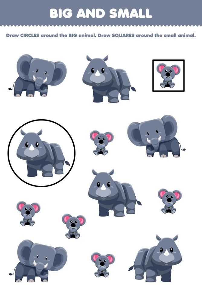 jeu éducatif pour les enfants organiser par taille grande ou petite en dessinant un cercle et un carré de dessin animé mignon animal gris éléphant rhino koala feuille de travail imprimable vecteur