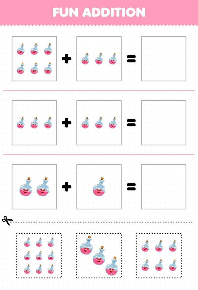 jeu d'éducation pour les enfants ajout amusant par coupe et match de dessins animés mignons images de bouteille de potion magique rose pour halloween feuille de calcul imprimable vecteur