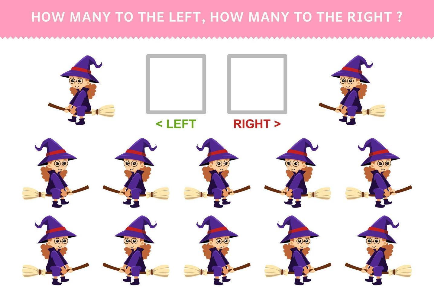 jeu éducatif pour les enfants de compter l'image gauche et droite de la feuille de travail imprimable de sorcière de dessin animé mignon halloween vecteur