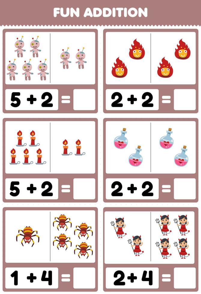 jeu d'éducation pour les enfants addition amusante en comptant et en faisant la somme de dessin animé mignon poupée vaudou feu bougie potion bouteille araignée diable fille halloween feuille de calcul imprimable vecteur