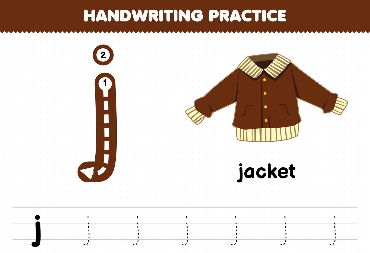 jeu d'éducation pour les enfants pratique de l'écriture manuscrite avec des lettres minuscules j pour la feuille de travail imprimable de la veste vecteur