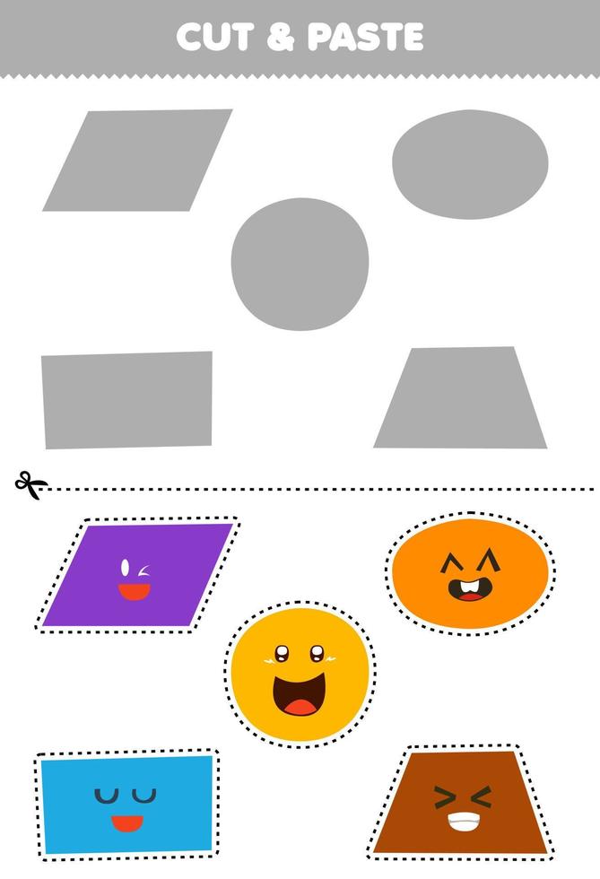 jeu éducatif pour les enfants couper et coller dessin animé mignon formes géométriques parallélogramme cercle ovale rectangle trapèze à la bonne partie feuille de calcul imprimable vecteur