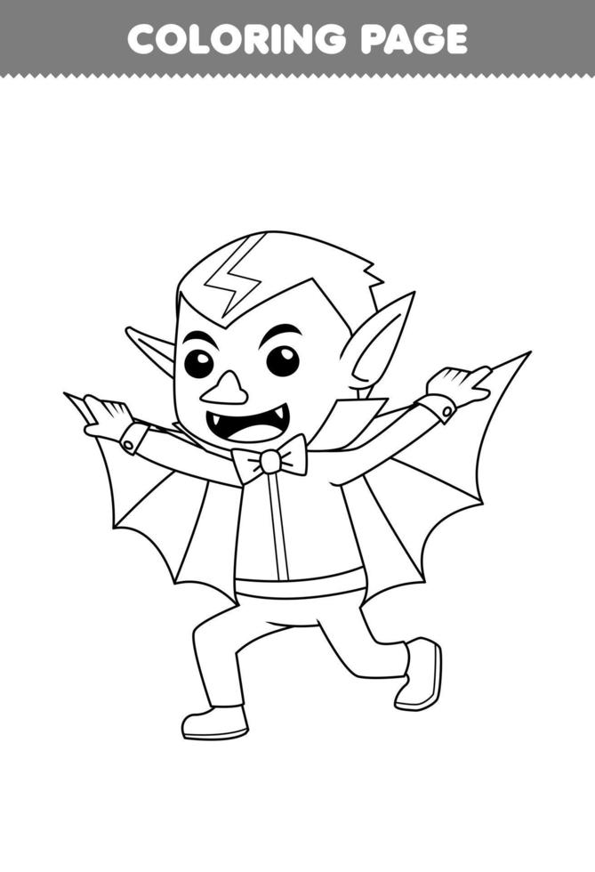 jeu d'éducation pour les enfants coloriage de dessin animé mignon dracula garçon costume dessin au trait halloween feuille de travail imprimable vecteur