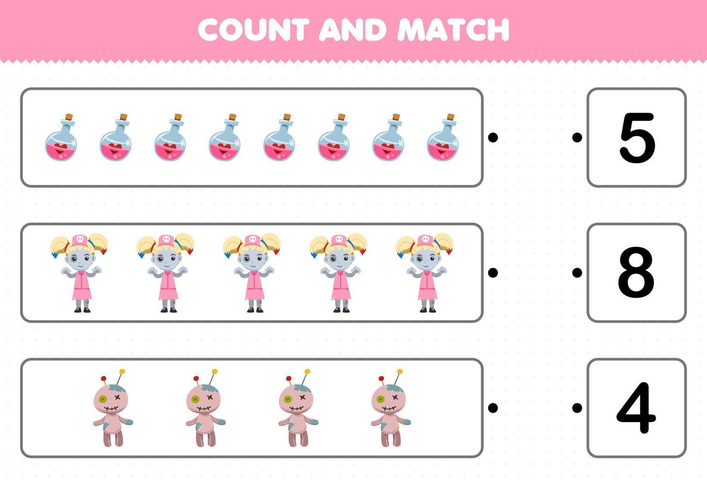jeu d'éducation pour les enfants compter le nombre de dessin animé mignon potion magique poupée vaudou zombie fille costume et match avec les bons numéros feuille de calcul imprimable halloween vecteur