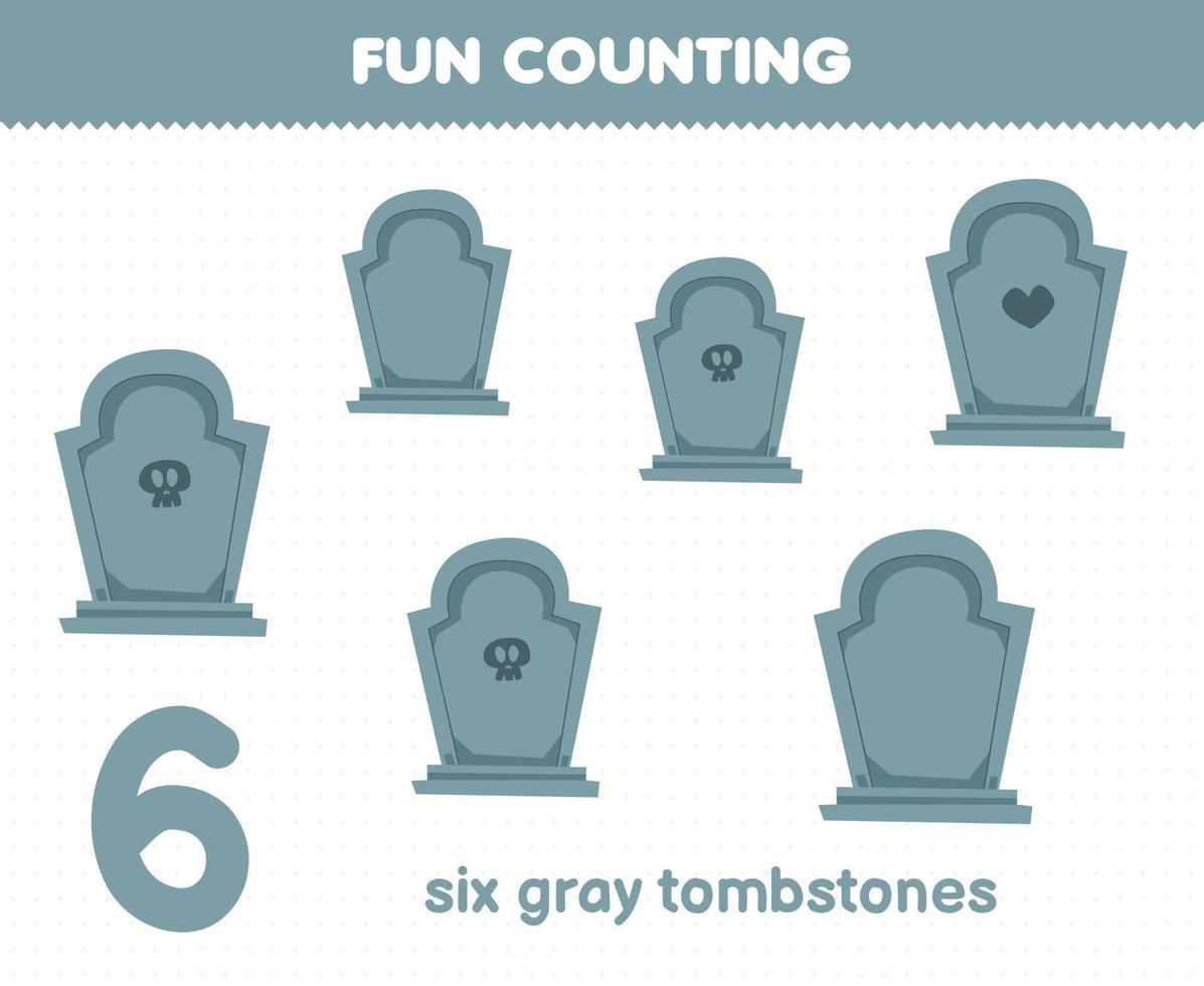 jeu éducatif pour les enfants amusant compter six pierres tombales grises feuille de calcul halloween vecteur