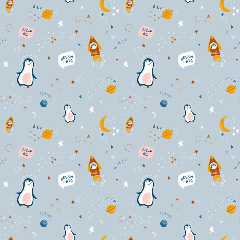 joli motif harmonieux de fusées, de pingouins et d'étoiles sur fond bleu. thème cosmique pour les enfants. illustration vectorielle colorée pour baby shower, textile, vêtements, papier peint. vecteur