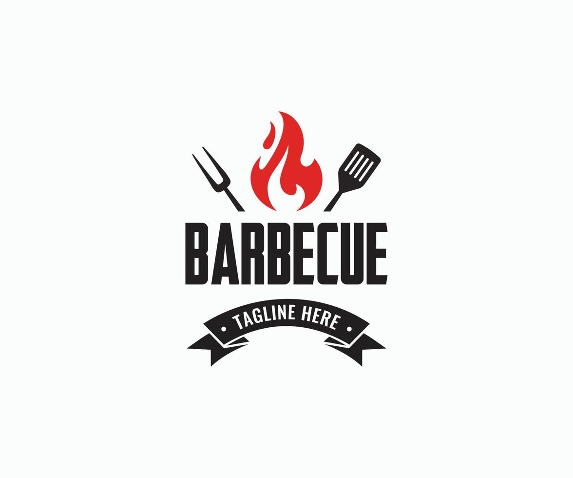 logo du restaurant barbecue, affiche. logo barbecue tendance avec barbecue, spatule et fourchette à grillades. vecteur