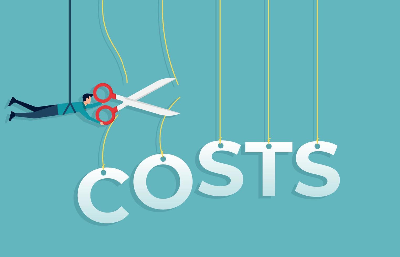 conception de concept de réduction des coûts. homme d'affaires coupant le mot de coût avec des ciseaux. illustration vectorielle plane de réduction des coûts, de rentabilité et d'économies de coûts vecteur