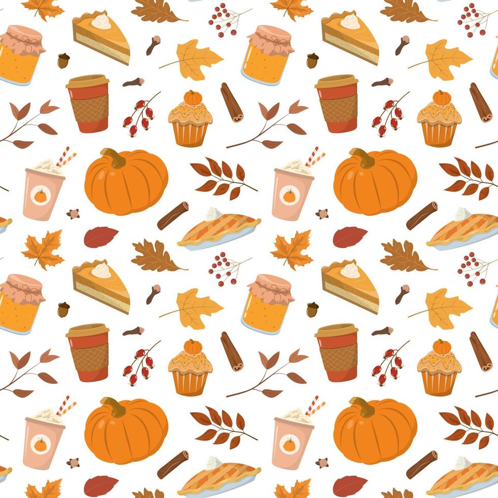joli motif d'humeur d'automne. boulangerie et boissons saisonnières d'automne. isolé sur fond blanc. jolie citrouille orange, tasses à café, tarte à la citrouille, gâteau, feuilles. vecteur