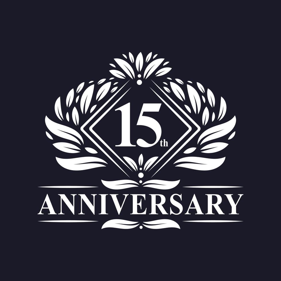 Logo anniversaire 15 ans, logo floral de luxe 15e anniversaire. vecteur