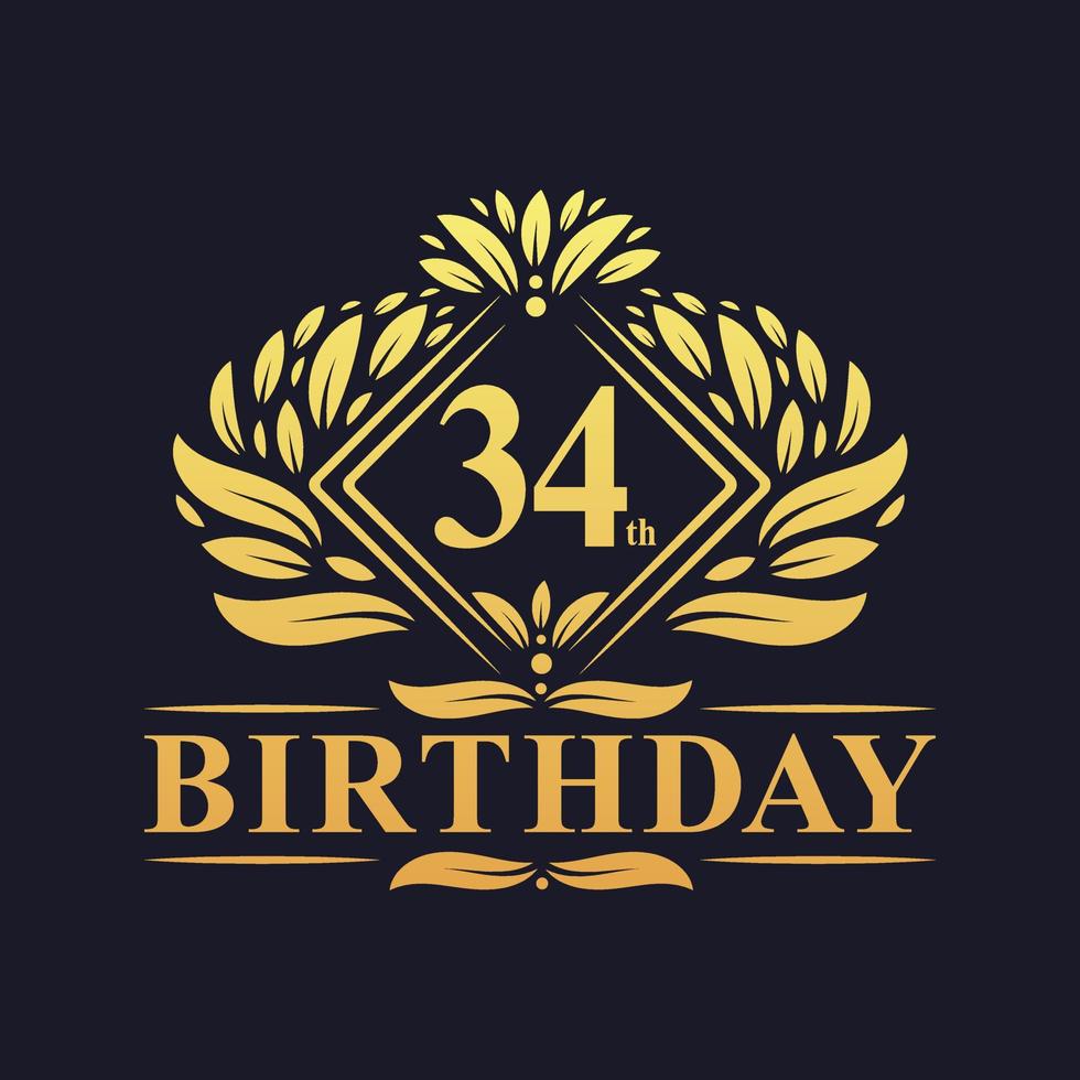 Logo d'anniversaire de 34 ans, célébration du 34e anniversaire de luxe en or. vecteur