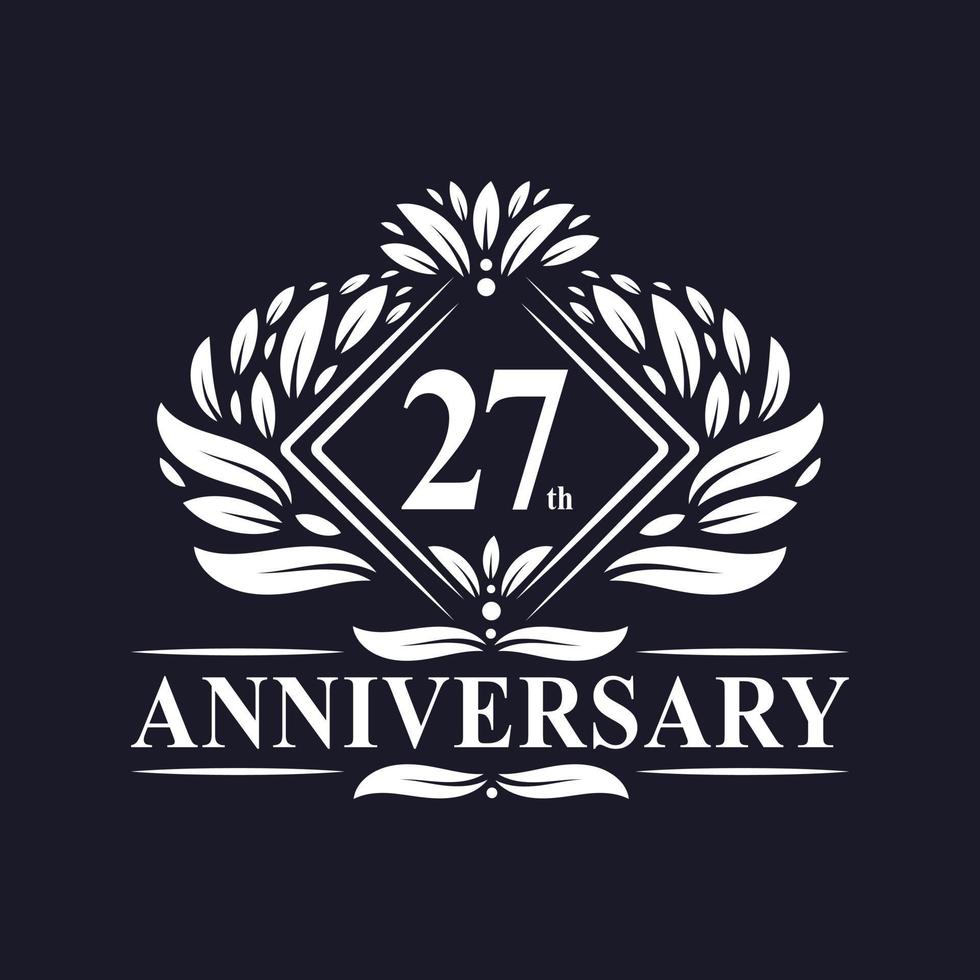 Logo anniversaire 27 ans, logo floral de luxe 27e anniversaire. vecteur