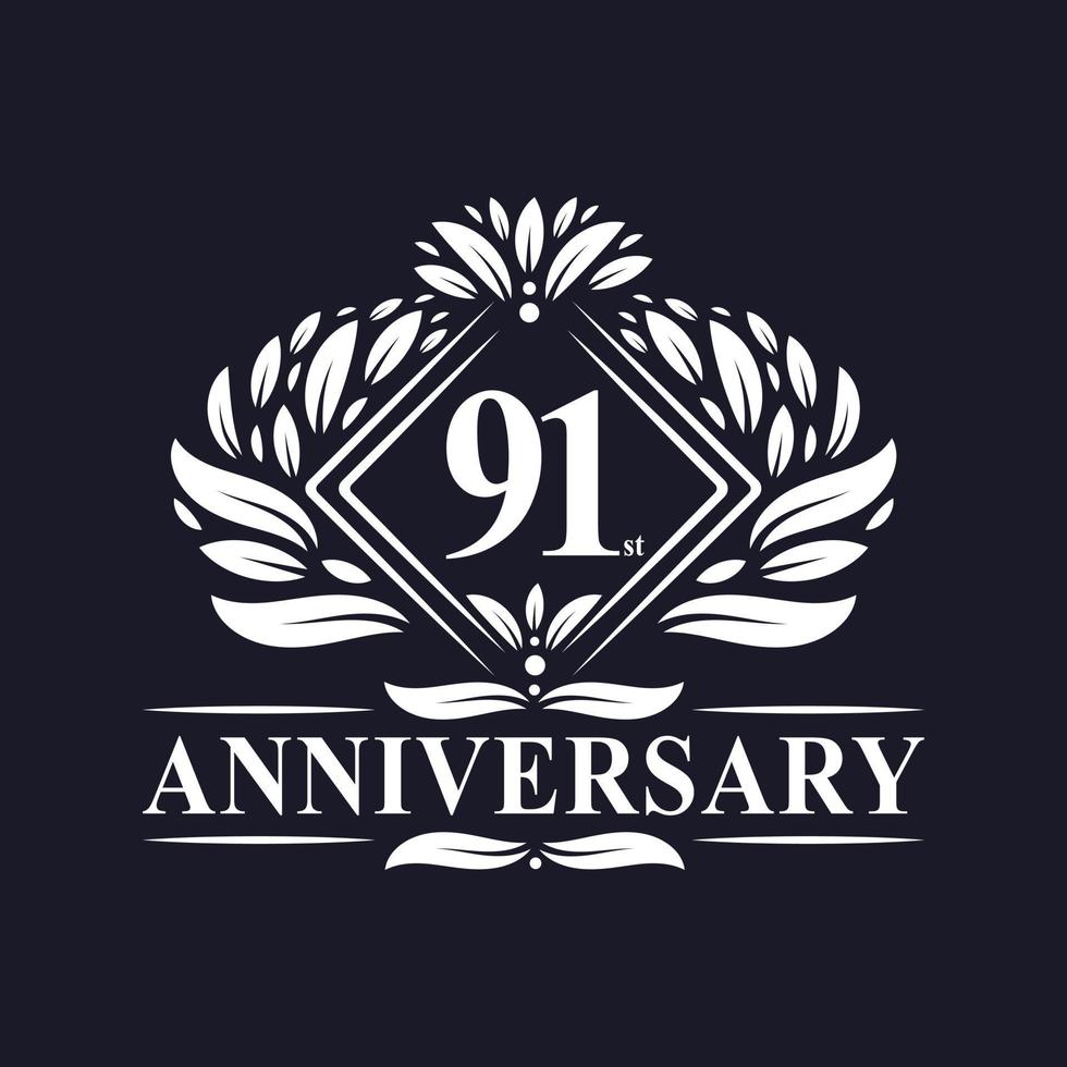 Logo anniversaire 91 ans, logo floral de luxe 91e anniversaire. vecteur