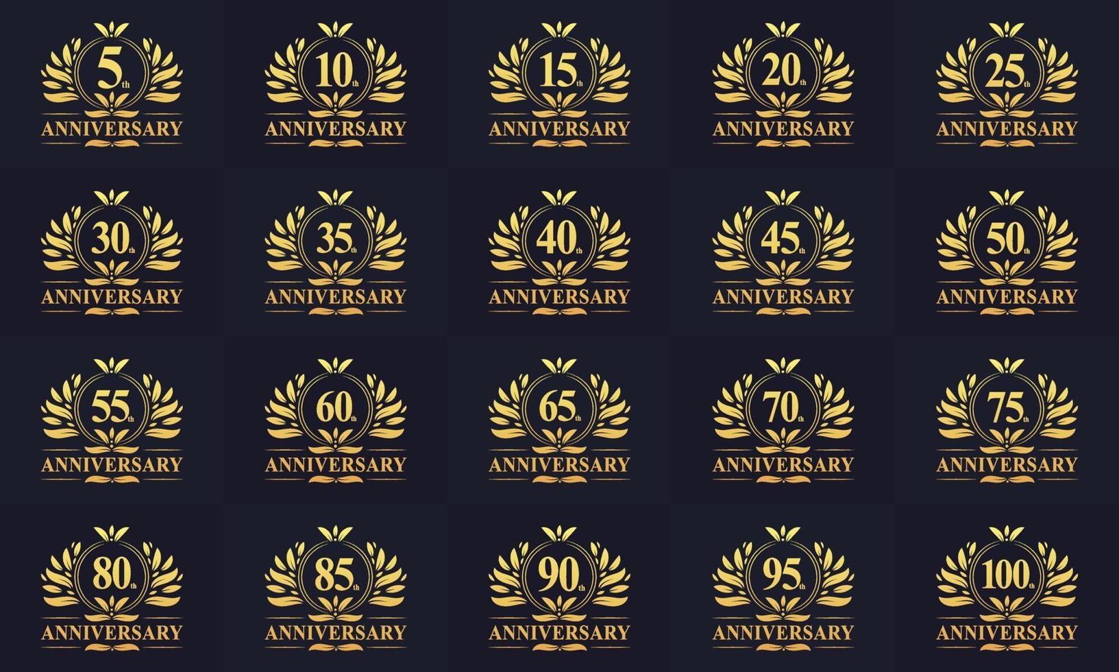ensemble de logo d'insigne d'anniversaire vintage rétro. collection du luxueux logo anniversaire doré pour la célébration vecteur
