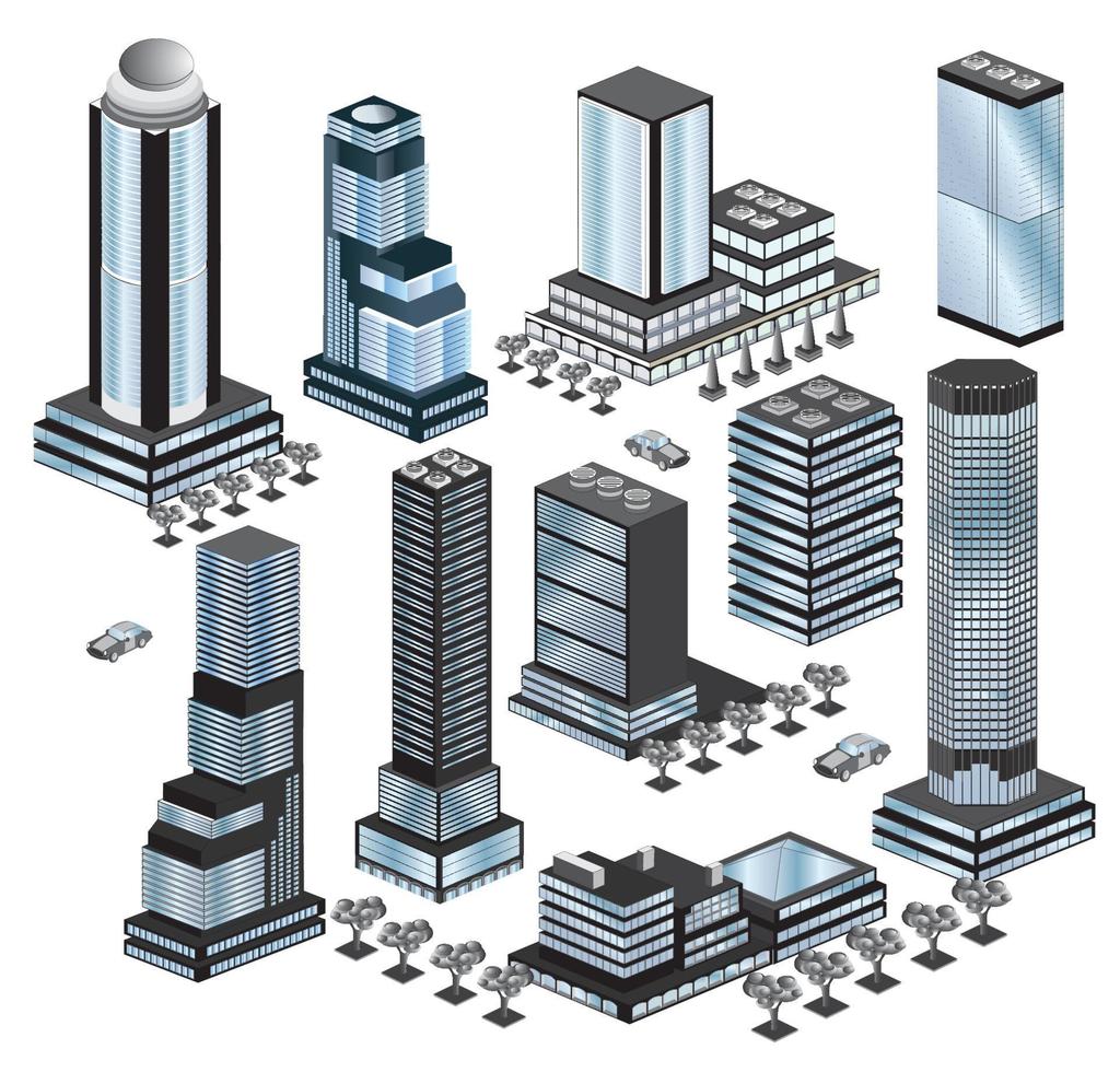 diverses variantes de bâtiments 3d isométriques sur le blanc vecteur