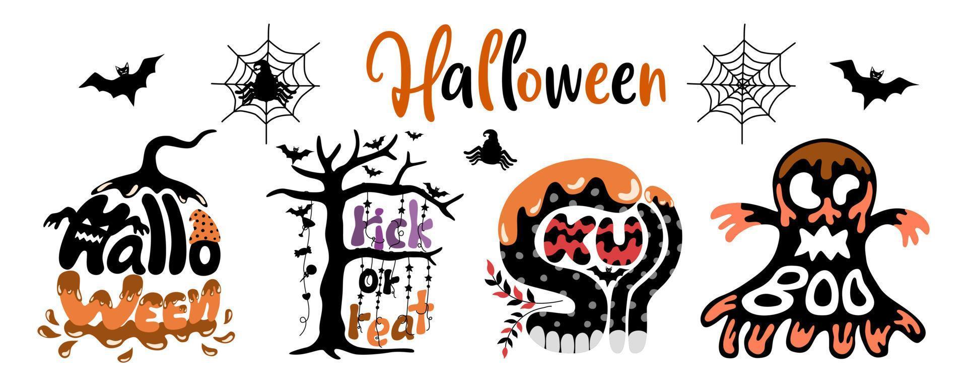 ensemble d'illustrations vectorielles halloween conçu dans un style doodle dans des tons noir et orange sur fond blanc pour la décoration sur le thème d'halloween, la conception de t-shirts, la conception de sacs, l'autocollant, la tasse, le motif de tissu vecteur