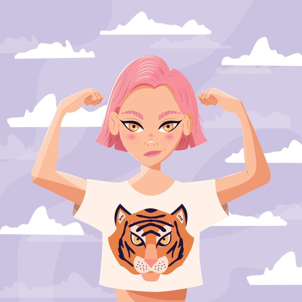 belle jeune fille aux cheveux roses courts montrant des muscles portant une chemise blanche avec tigre. confiante jeune femme souriante sur fond violet clair avec des nuages blancs. illustration vectorielle colorée. vecteur