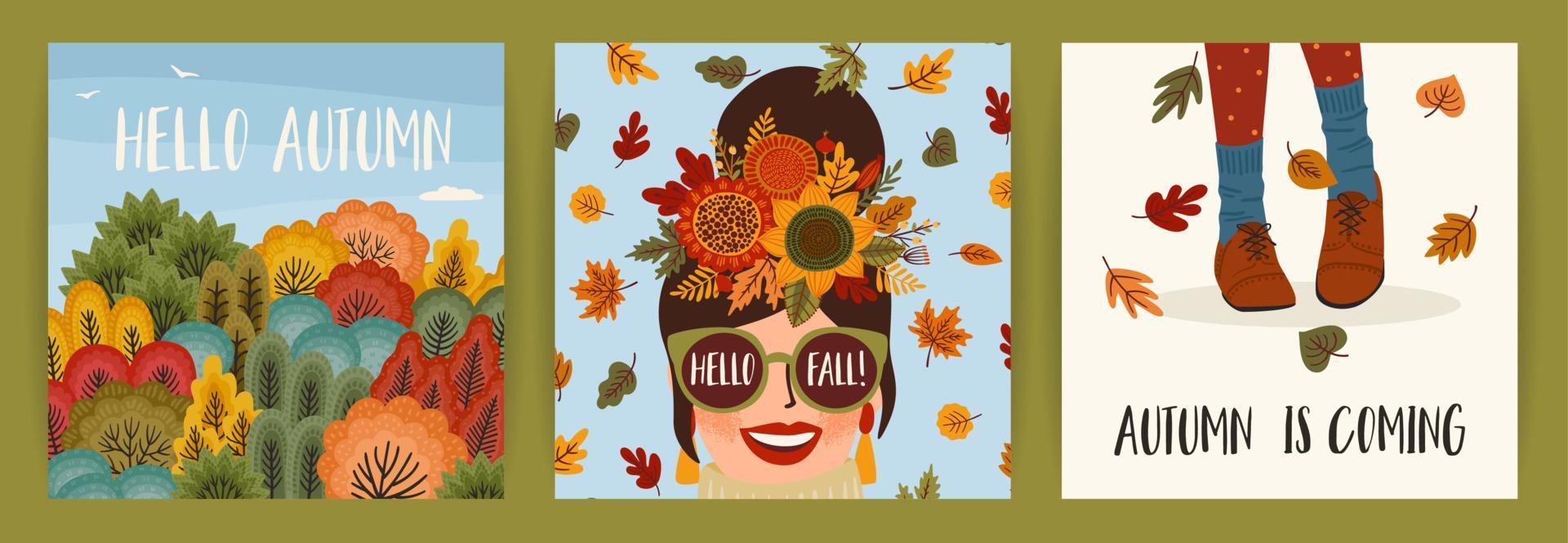 ensemble d'illustrations d'automne avec jolie fille. conception vectorielle pour carte, affiche, dépliant, web et autres utilisations. vecteur