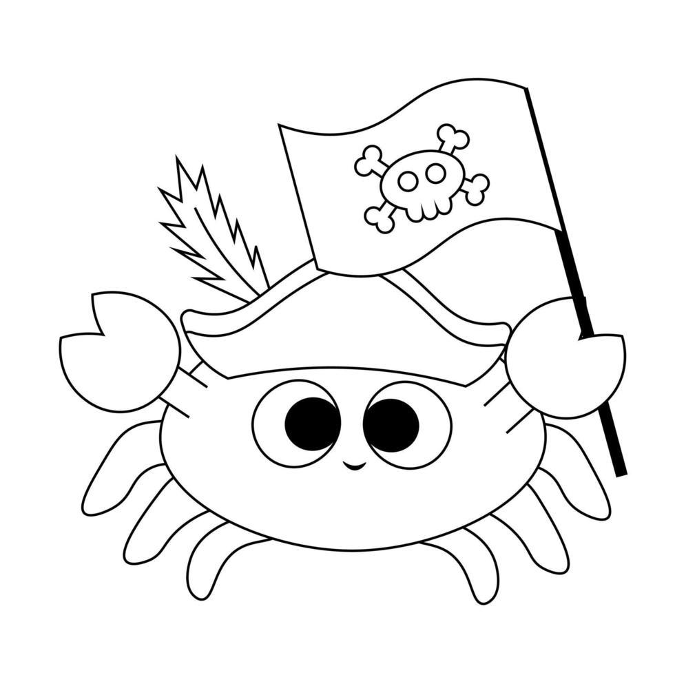 pirate de crabe de dessin animé mignon. dessiner une illustration en noir et blanc vecteur