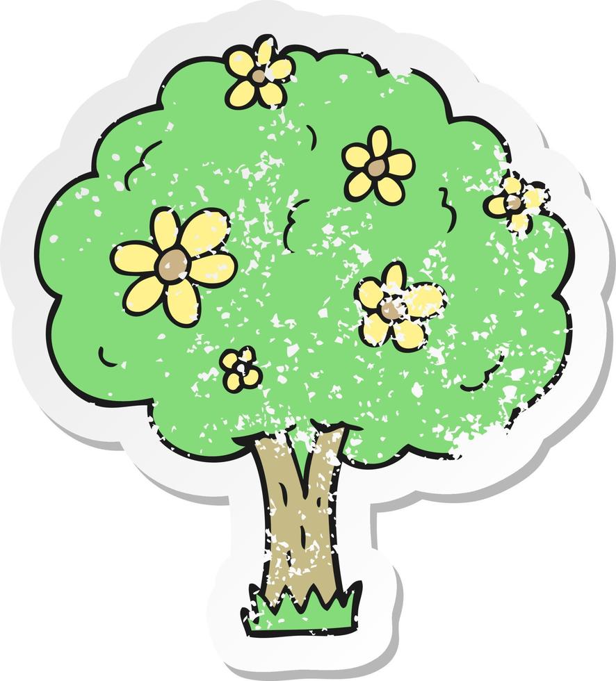 autocollant rétro en détresse d'un arbre de dessin animé avec des fleurs vecteur