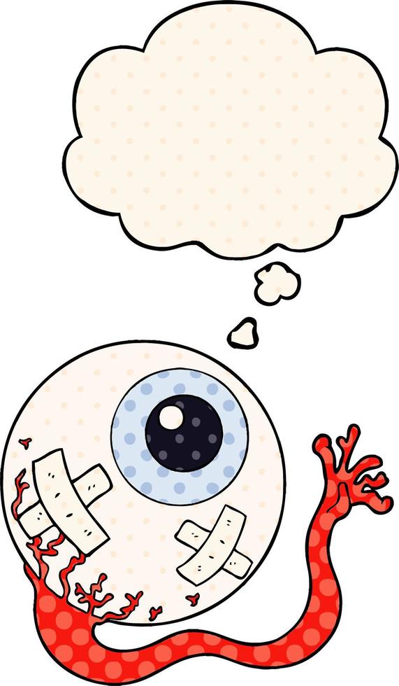 dessin animé globe oculaire blessé et bulle de pensée dans le style de la bande dessinée vecteur