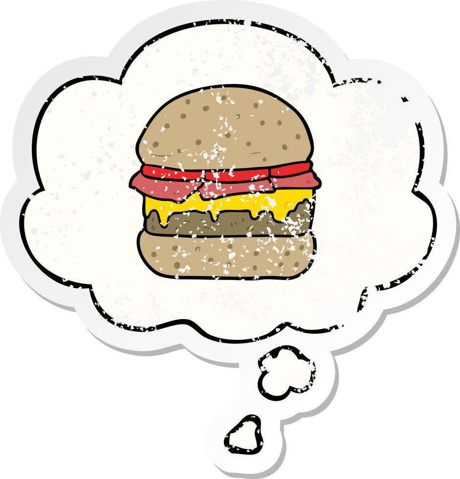 burger de dessin animé et bulle de pensée comme un autocollant usé en détresse vecteur