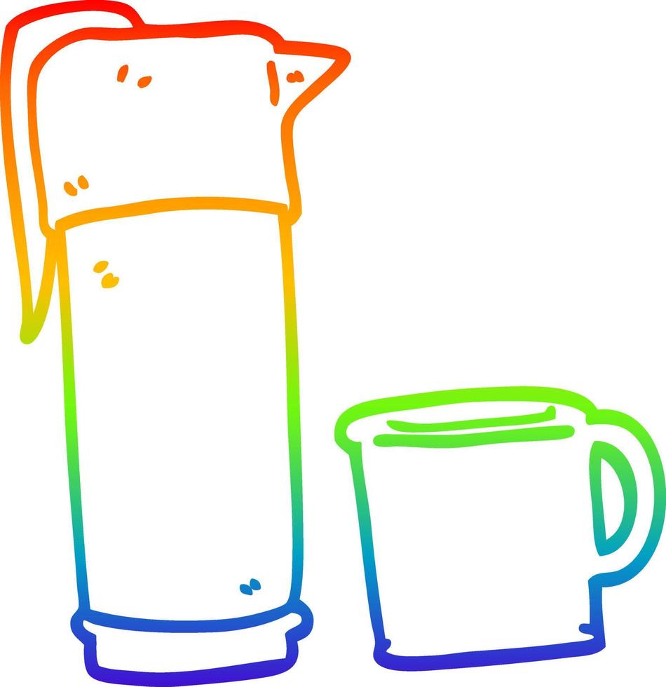 dessin de ligne de gradient arc-en-ciel thermos de café de dessin animé vecteur