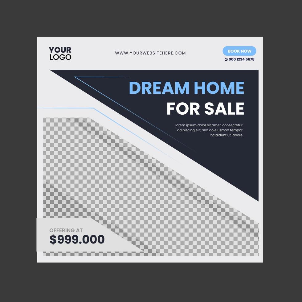 bannière de maison immobilière. modèle de publication de promotion de vente immobilière sur les médias sociaux carrés vecteur