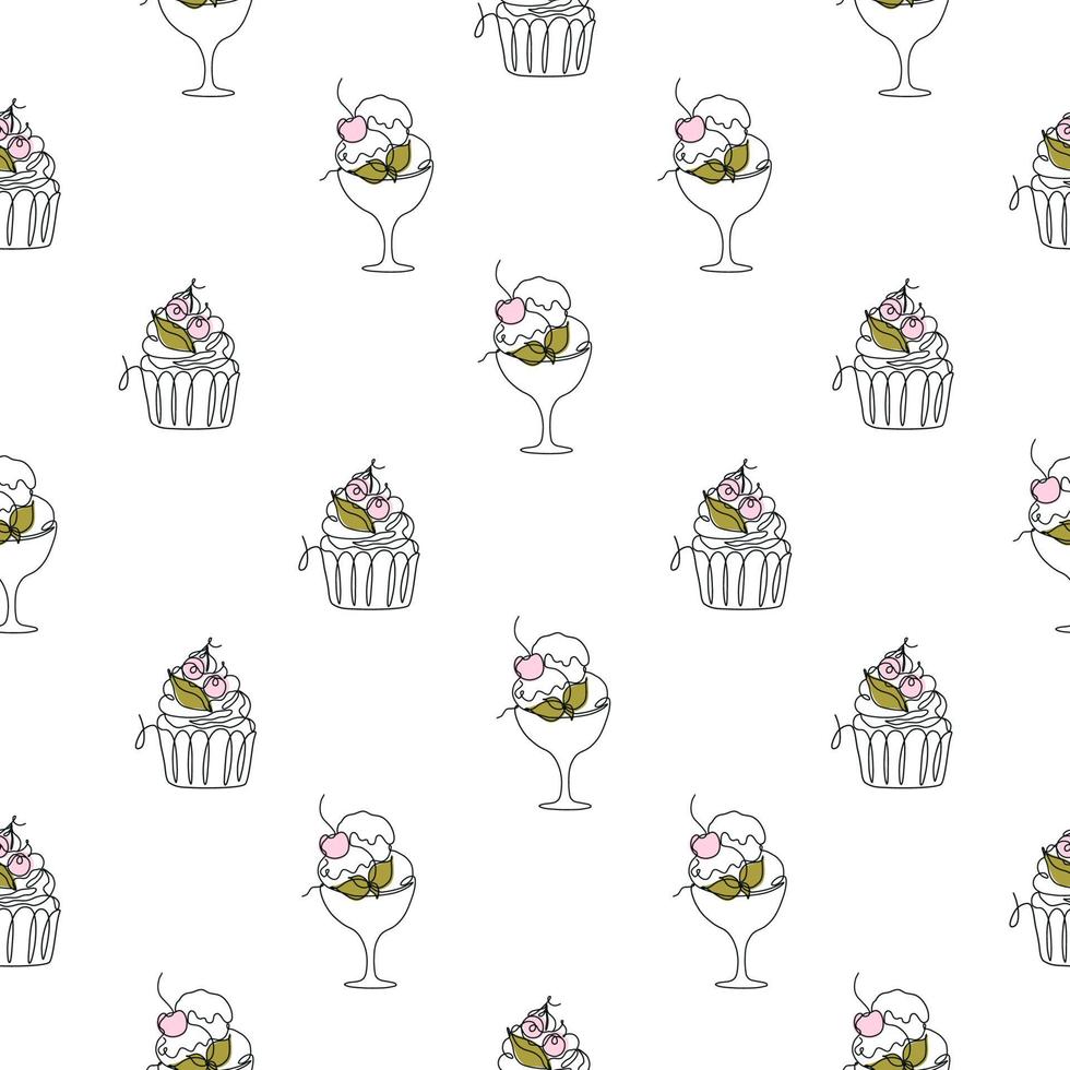 modèle sans couture avec des desserts sucrés en ligne continue - gâteau, tarte, crème glacée. texture vectorielle sur fond blanc. jolie illustration minimaliste pour tissu, textile, emballage, scrapbooking. vecteur